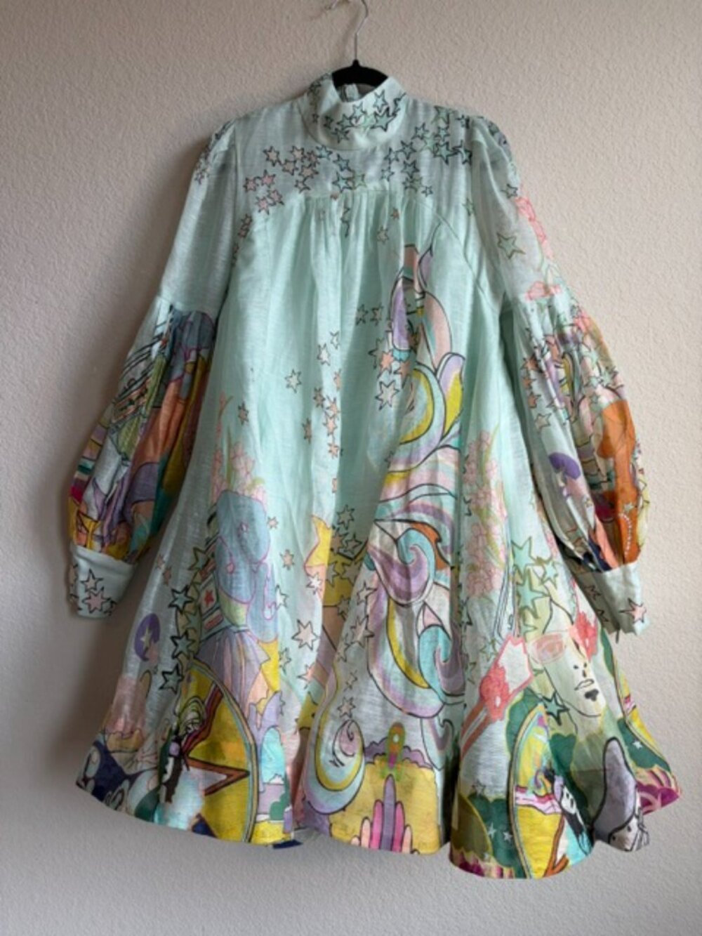 NWT Zimmermann Concert Tie Neck Mini Dress Mint Collage SZ 2 *No Waist Tie RARE